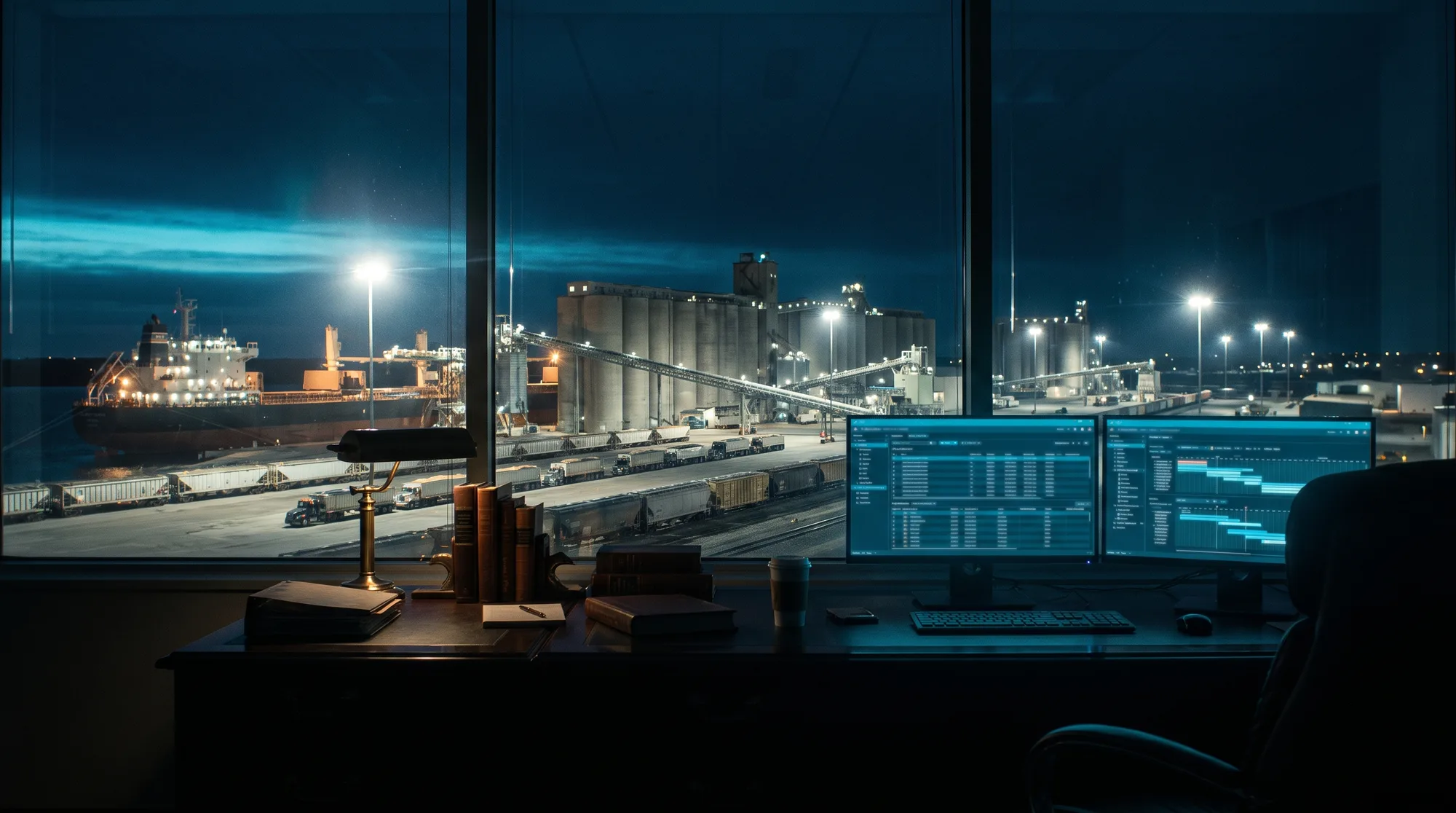 Mesa de operação de uma trading à noite, com o painel de contratos e posição aceso diante do terminal de grãos