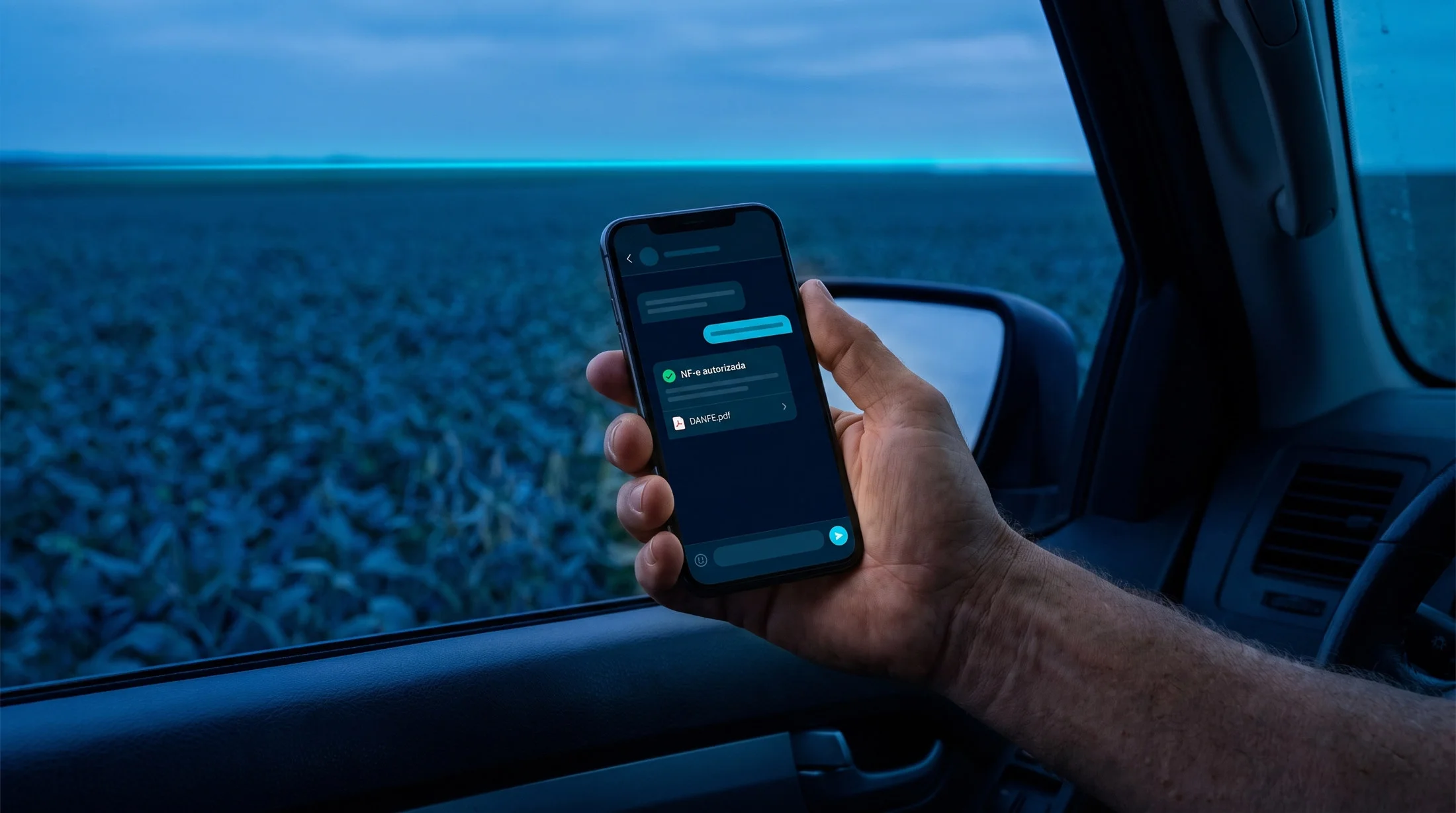 Mão do produtor na cabine da caminhonete, com a nota fiscal autorizada no WhatsApp; a lavoura azul ao fundo
