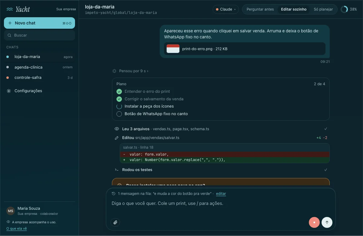 Yacht: conversa em que o Claude mostra o plano, edita o código e roda os testes